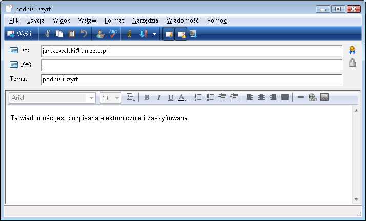 6. Wysyłanie podpisanych i zaszyfrowanych wiadomości 1. W Poczcie systemu Windows otwórz nową wiadomość klikając Utwórz pocztę. 2.