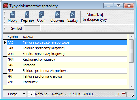 7.3.2. Typy dokumentów sprzedaży Definicje» Typy dokumentów sprzedaży Rysunek 7.7: Okno przeglądania kartoteki typów dokumentów sprzedaży Tabela 7.