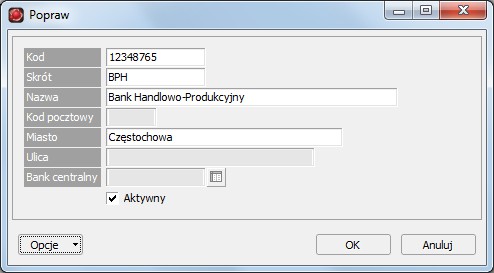 13: funkcji okna przeglądania kartoteki banków Rachunki Otwiera okno przeglądania kartoteki