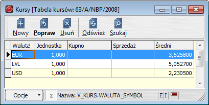 18: pól kartoteki kursów Tabela kursów Tabela kursów, do której należą kursy. Waluta Waluta, której dotyczy dany kurs.