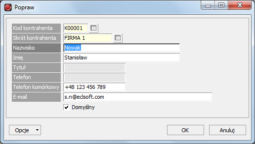 Rysunek 7.26: Okno edycji kartoteki kontaktów Tabela 7.19: pól kartoteki kontaktów Kod kontrahenta Skrót kontrahenta Kontrahent reprezentowany przez osobę, której dotyczą dane kontaktowe.