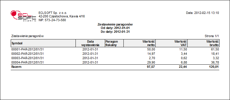 Tabela 8.2: parametrów zestawienia paragonów Od daty Do daty Zakres dat, z którego pobierane są dokumenty sprzedaży do zestawienia. Rysunek 8.