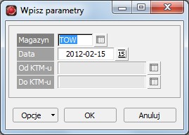 12: Okno edycji parametrów wydruku stanu ilościowo-wartościowego na dzień wg dostaw Tabela 8.