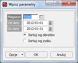 Rysunek 8.16: Okno edycji parametrów wydruku: Ranking obrotów z klientami Tabela 8.