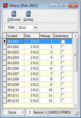 Rysunek 3.6: Okno przeglądania kartoteki okresów obrachunkowych funkcji zmiany bieżącego okresu w rozdziale Zmiana parametrów kontekstowych Zmiana bieżącego okresu. 3.5.