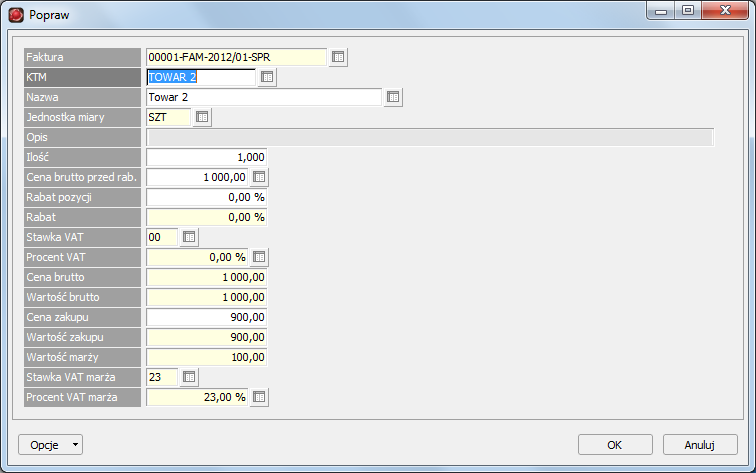 Rysunek 5.13: Okno edycji kartoteki pozycji faktury VAT marża Tabela 5.8: pól kartoteki pozycji faktury VAT marża Stawka VAT Procent VAT Stawka podatku VAT towaru (usługi) wpisanego w polu KTM ().