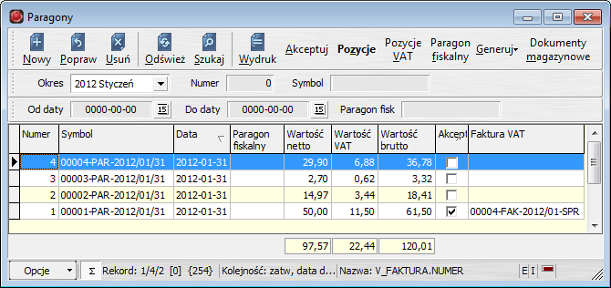 Rysunek 5.21: Okno przeglądania kartoteki paragonów Tabela 5.10: funkcji okna przeglądania kartoteki paragonów Akceptuj / Odakceptuj Akceptuje paragon. Uwaga!