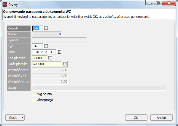 Aby wygenerować paragon z dokumentu WZ, należy odnaleźć właściwy dokument WZ w kartotece dokumentów WZ Magazyn» Dokumenty» (WZ)» Dokumenty magazynowe, a następnie wywołać funkcję Generuj» Paragon