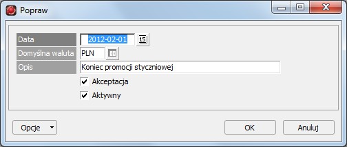 kartoteki cen sprzedaży w rozdziale Sprzedaż Cennik sprzedaży Ceny sprzedaży. Rysunek 5.31: Okno edycji kartoteki wersji cennika sprzedaży Tabela 5.