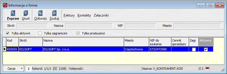 Aby wprowadzić informacje o firmie, należy wywołać funkcję Definicje» Informacje o firmie dostępną w menu głównym systemu.