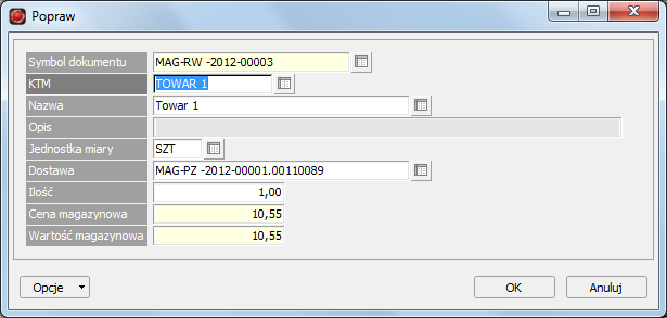 Rysunek 6.18: Okno edycji kartoteki pozycji dokumentu magazynowego na przykładzie dokumentu RW Tabela 6.