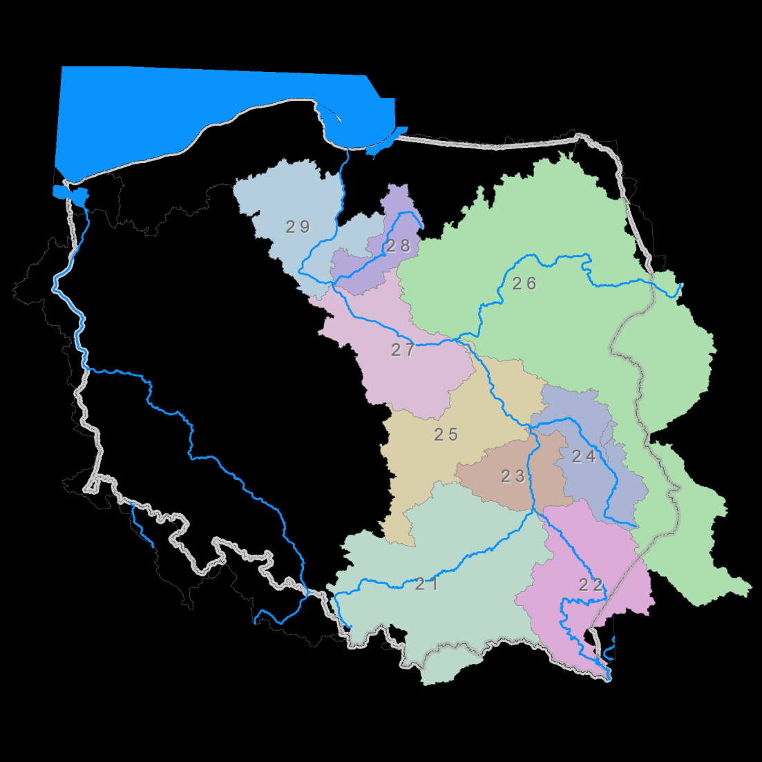 Kodyfikacja jednostek hydrograficznych POZIOM 2 21 Wisła do Sanu 22 San 23 Wisła od Sanu do Wieprza 24