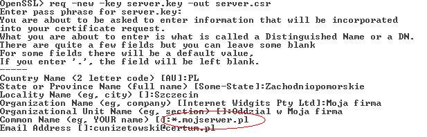 Wynikiem tego polecenia jest żądanie certyfikatu CSR serwera, które zapisane będzie w pliku server.csr. Pamiętajmy o wskazaniu pliku z kluczem prywatnym server.key.