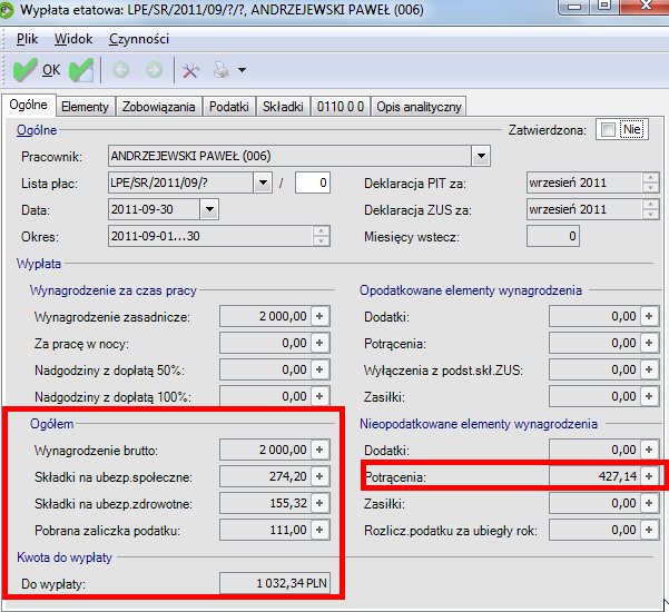 - brutto: 2000 zł - do wypłaty: 1 459,48 zł netto - kwota wolna: 1 032,34 PLN - max kwota zajęcia do limitu 50%: 729,74 - zajecie