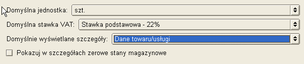 Towary usługi Definiujemy domyślną jednostkę miary i stawkę podatku VAT. Pozostałe opcje Zakładka dokumenty sprzedaży ustawiamy tu opcje dokumentów sprzedaży.