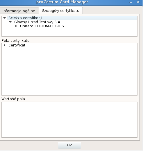 W przypadku konieczności wyświetlenia szczegółów certyfikatu należy wskazać certyfikat i wybrać opcję Szczegóły certyfikatu. Na ekranie pojawią się szczegóły certyfikatu.