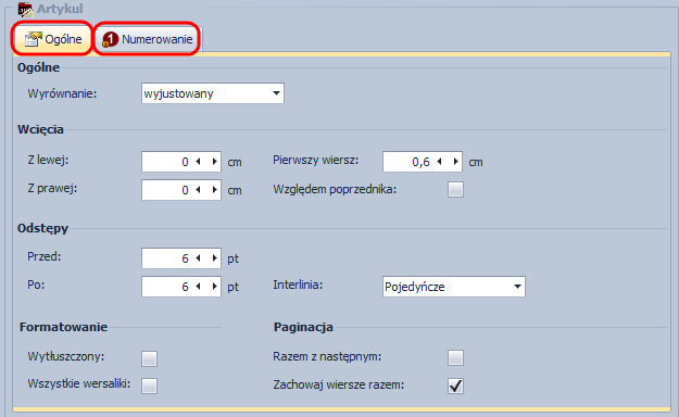 7) Wielka litera 8) Cyfra rzymska Każda z nich posiada takie same opcje, które podzielone zostały na dwie zakładki.