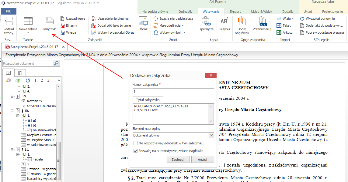 Informacja o przypisach pojawi się na lewym menu: Edycji treści przypisu dokonujemy po kliknięciu na wybrany przypis w lewym menu. Aby usunąć przypis wystarczy usnąć go z treści aktu.