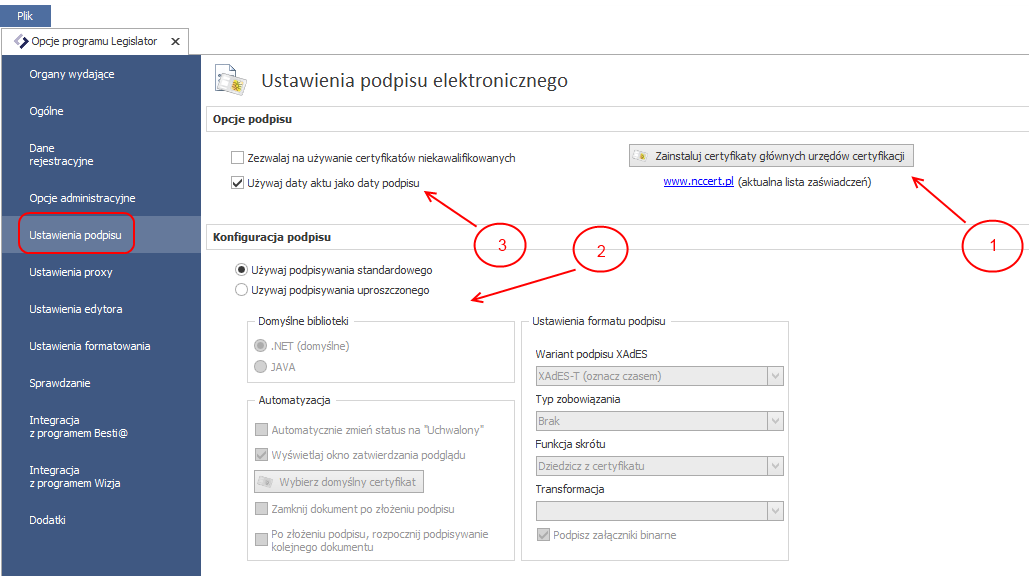 Opcje podpisu elektronicznego Konfiguracja podpisu elektronicznego Legislator posiada funkcję dzięki której możemy zdefiniować sposób działania aplikacji
