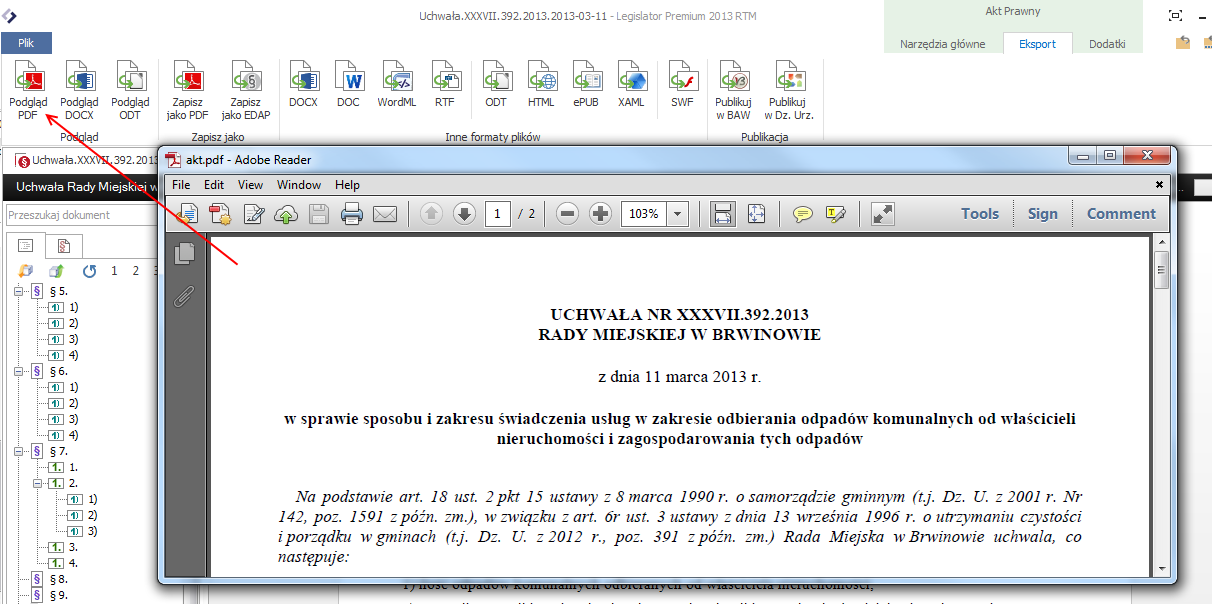 Następnie otwieramy Metadane dokumentu i zmieniamy status: Po czym ponownie blokujemy dokument i sprawdzamy podgląd PDF: Jeżeli w metadanych dokumentu nie są uzupełnione data i/lub numer aktu, dane