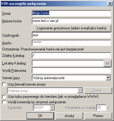 JeŜeli skorzystałeś z opisanej przed chwilą moŝliwości zapisania danych sesji FTP, zobaczysz na ekranie dokładnie taki ekran (moŝe się jedynie róŝnić nazwa).