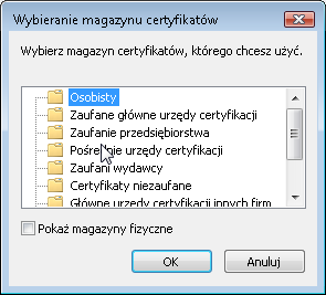 Rysunek 15: Ręczny Wybór magazynu certyfikatów z okna Kreatora importu certyfikatów Następnie wybieramy magazyn Osobisty i potwierdzamy wybór przyciskiem OK.