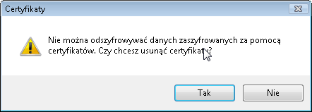 Pojawi się okno Certyfikaty. Rysunek 54: Wybór opcji Usuń z okna certyfikatów własnych Wciskamy przycisk Usuń. Pojawi się okno z pytaniem, czy chcemy usunąć certyfikat. Wybieramy Tak.