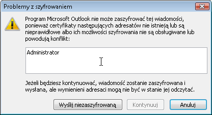 Rysunek 70: Automatycznie ustawienie podpisywania i szyfrowania wiadomości Zaznaczenie opcji Szyfruj treść i załączniki wysyłanych wiadomości spowoduje, że treść i załączniki wysyłanych wiadomości