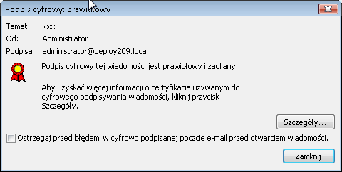 Rysunek 73: Okno wiadomości podpisanej i zaszyfrowanej Jeżeli wiadomość będzie tylko elektronicznie podpisana ukaże się symbol kotylionu, jeżeli będzie tylko zaszyfrowana - ukaże się symbol kłódki.