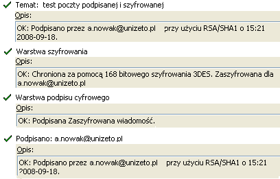 Rysunek 75: Właściwości zabezpieczeń wiadomości - warstwy szyfrowania i podpisu cyfrowego Zaznaczając odpowiednie wpisy w oknie można zapoznać się ze szczegółowymi informacjami na temat użytych