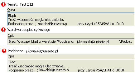 Rysunek 79: Właściwości zabezpieczeń wiadomości - warstwy szyfrowania i podpisu cyfrowego Zabezpieczenia, które zostały naruszone, będą oznaczone wykrzyknikiem.