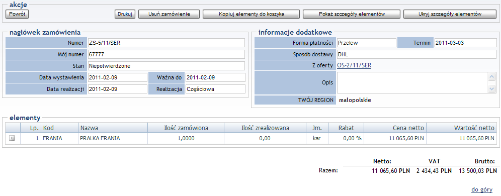 naciśnięciu na numer konkretnego zamówienia: natomiast informacje odnośnie oferty sprzedaŝy prezentowane są po wybraniu konkretnego numeru dokumentu oferty: Szczegóły zamówienia Rysunek 16.
