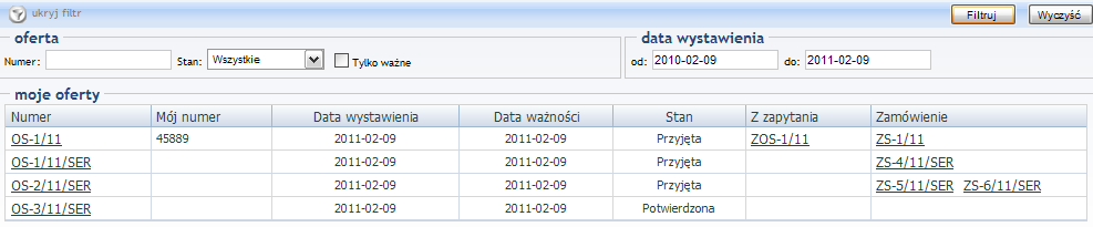 16.6.3.5 Moje oferty Rysunek 16.63 Szczegóły zamówienia złoŝonego w Pulpicie kontrahenta. Na stronie Moje Oferty wyświetlana jest lista ofert sprzedaŝy dla zalogowanego uŝytkownika.