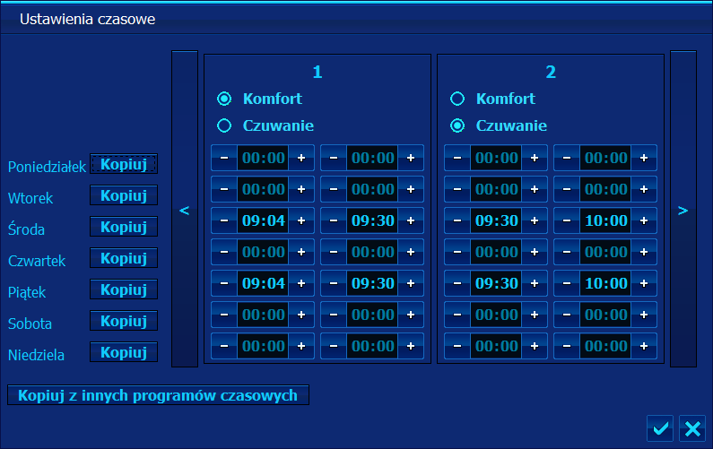 Rysunek 27: Konfigurowanie zakresów czasowych strefy grzewczej 1.2.10 Symulacja obecności Panel xvision potrafi symulować obecność domowników poprzez losowe włączanie i wyłączanie odbiorników.