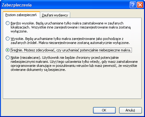 W menu Narzędzia programu Excel, podmenu Makra, zakładka Zabezpieczenia można zawczasu określić, w jaki sposób Excel ma postępować przy otwieraniu skoroszytu z makrami.