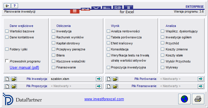 7 Elementy menu Inne 7.1 Ekran główny Startowe okno programu Invest for Excel nazywane jest Ekranem głównym.