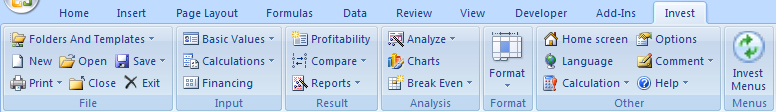 W programie Excel 2007, menu i pasek narzędzi znajdują się na Wstążce dodatków. Pełne menu Invest for Excel: Skrócone menu Invest for Excel: 7.9.