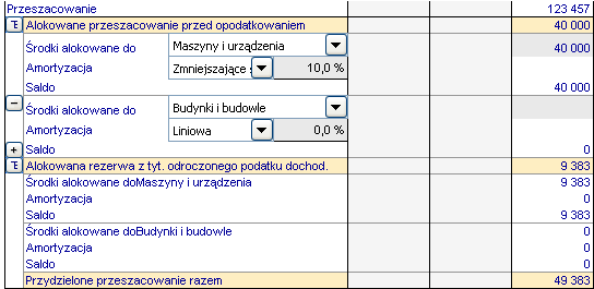 Pojawi się nowa alokacja oraz alokowana rezerwa z tyt. odroczonego podatku dochodowego: Aby usunąć alokację, naciśnij przycisk. Naciśnij przycisk, aby ukryć/pokazać szczegóły.
