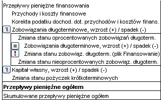 W "Rachunku wyników" i "Rachunku przepływów pieniężnych" znajdują się przyciski ze znakiem wykrzyknika w celu importowania finansowania: Powyżej po lewej stronie, Rachunek wyników.