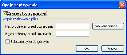 kopii, należy wybrać z menu polecenie "Plik - Zapisz jako..., następnie "Narzędzia - Opcje ogólne" i sprawdzić, czy zaznaczona jest opcja Zawsze twórz kopie zapasowe".