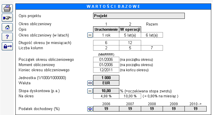 Należy zwrócić uwagę, że chociaż okresy historyczne nie są uwzględniane w wyliczanym wyniku kalkulacji, to mogą mieć one wpływ na przepływy pieniężne.