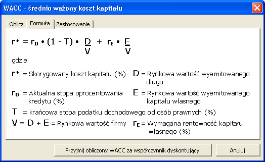 W powyższym przykładzie zastosowaliśmy 6% jako średni współczynnik pożyczek dla zadłużenia, 12% dla oczekiwanej stopy zwrotu z kapitału; stawka podatku dochodowego od osób prawnych wynosi 19%.