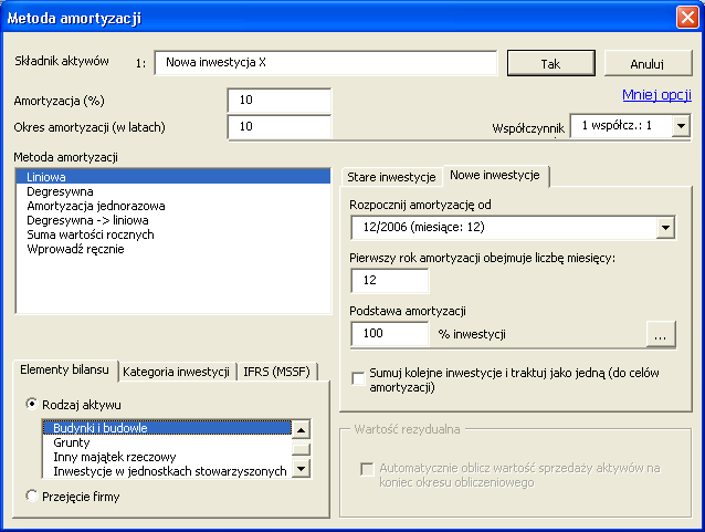 Enterprise programu Invest for Excel, kolumna "Rezydualna" może być pominięta w kalkulacji. Wtedy, opcja automatycznego wyznaczania jest niedostępna. 3.5.