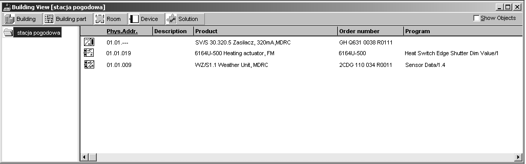 Manufacturer: ABB, Product type: WZ/S 1.1 Weather Unit, Program name: Sensor Data/1.4. Nacisnąć przycisk Find. Zaznaczyć szukane urządzenie i nacisnąć Insert w celu wstawienia go do linii.