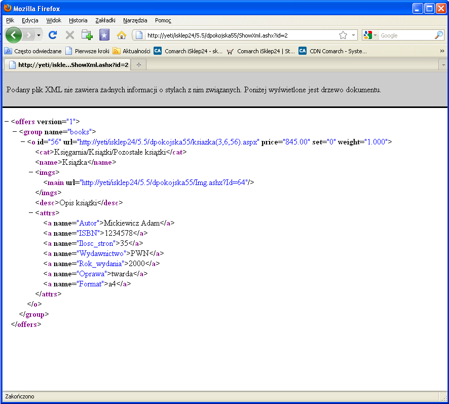Jest możliwy podgląd pliku XML, w tym celu należy kliknąć na Pobierz plik XML, w nowym oknie przeglądarki pojawi się wygenerowany plik XML: Uwaga: