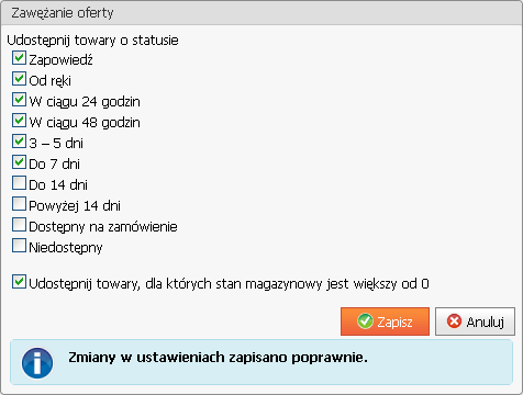 Masz również możliwość przesłania statusów dostępności towarów do Ceneo.