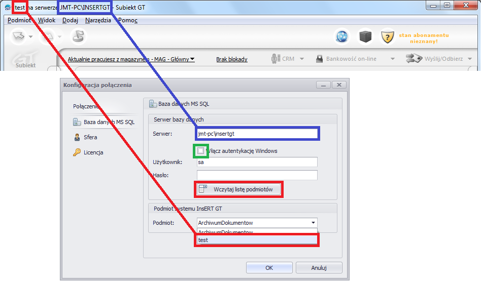 1.3. Po kliknięciu OK pojawi się okno konfiguracji połączenia. W zakładce Baza danych MS SQL należy wpisać dane serwera oraz podmiotu. Serwer: Użytkownik i hasło: nazwa serwera SQL i instancji (np.