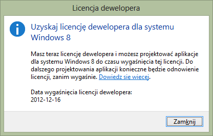 Rysunek 2.2. Monit o instalację licencji dewelopera 6. Następnie zostaniemy poproszeni o zalogowanie do konta Microsoft (dane Live ID), które związane będzie z licencją.