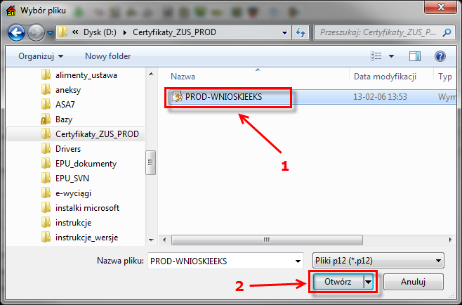 Po otwarciu okna należy wskazać lokalizację pliku klucza PROD-WNIOSKIEKS (plik o nazwie PROD-WNIOSKIEEKS.