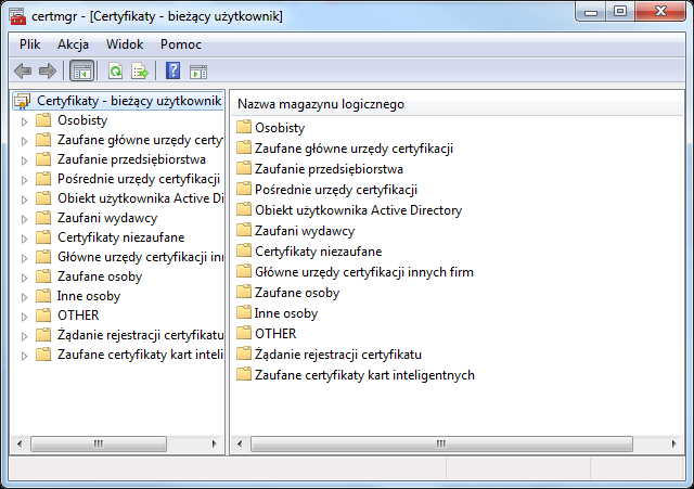 W lewej części okna należy rozwinąć listę Zaufane główne urzędy certyfikacji kliknąć na folder Certyfikaty.